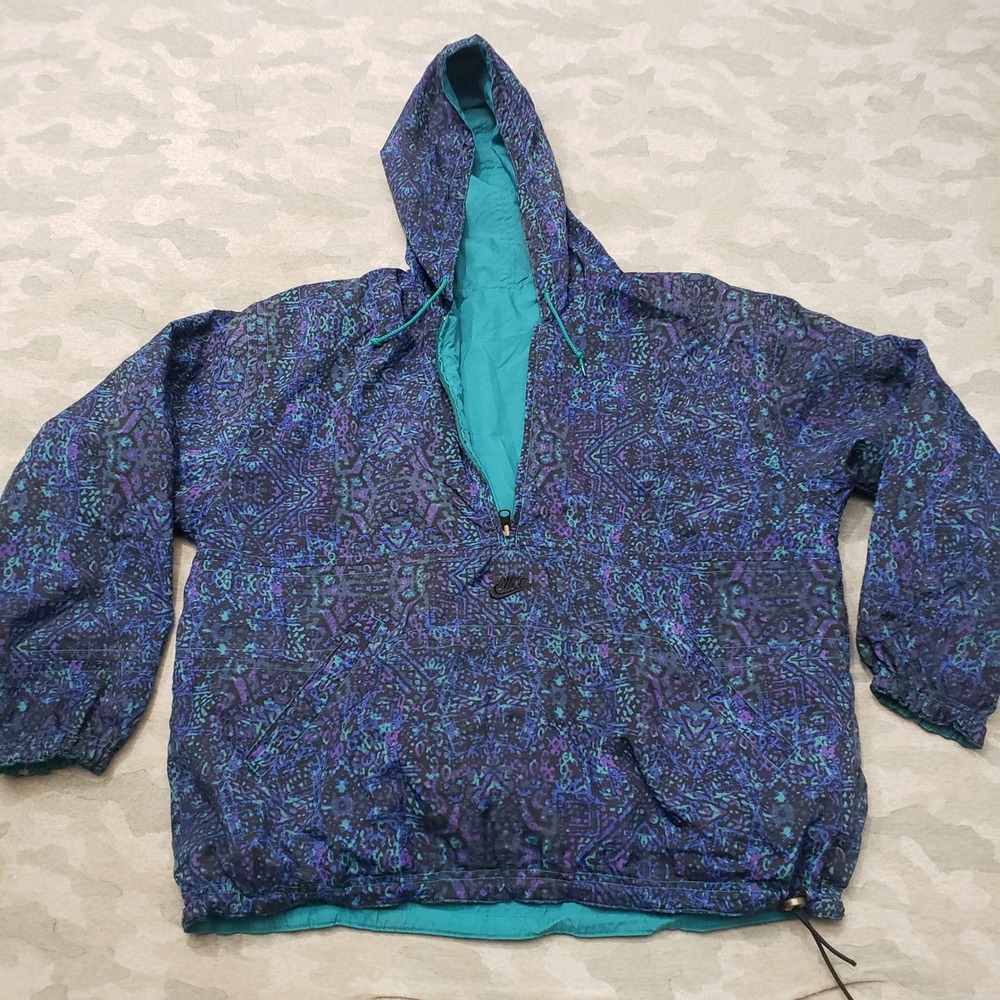 VTG Nike Jacket Mens Large Blue Geometric Windbreaker Reversible Center Swoosh
